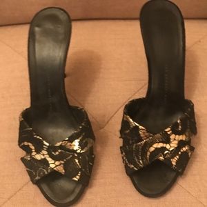 GIUSEPPE ZANOTTI BLACK & GOLD 7.5 SLIDE SANDALS -